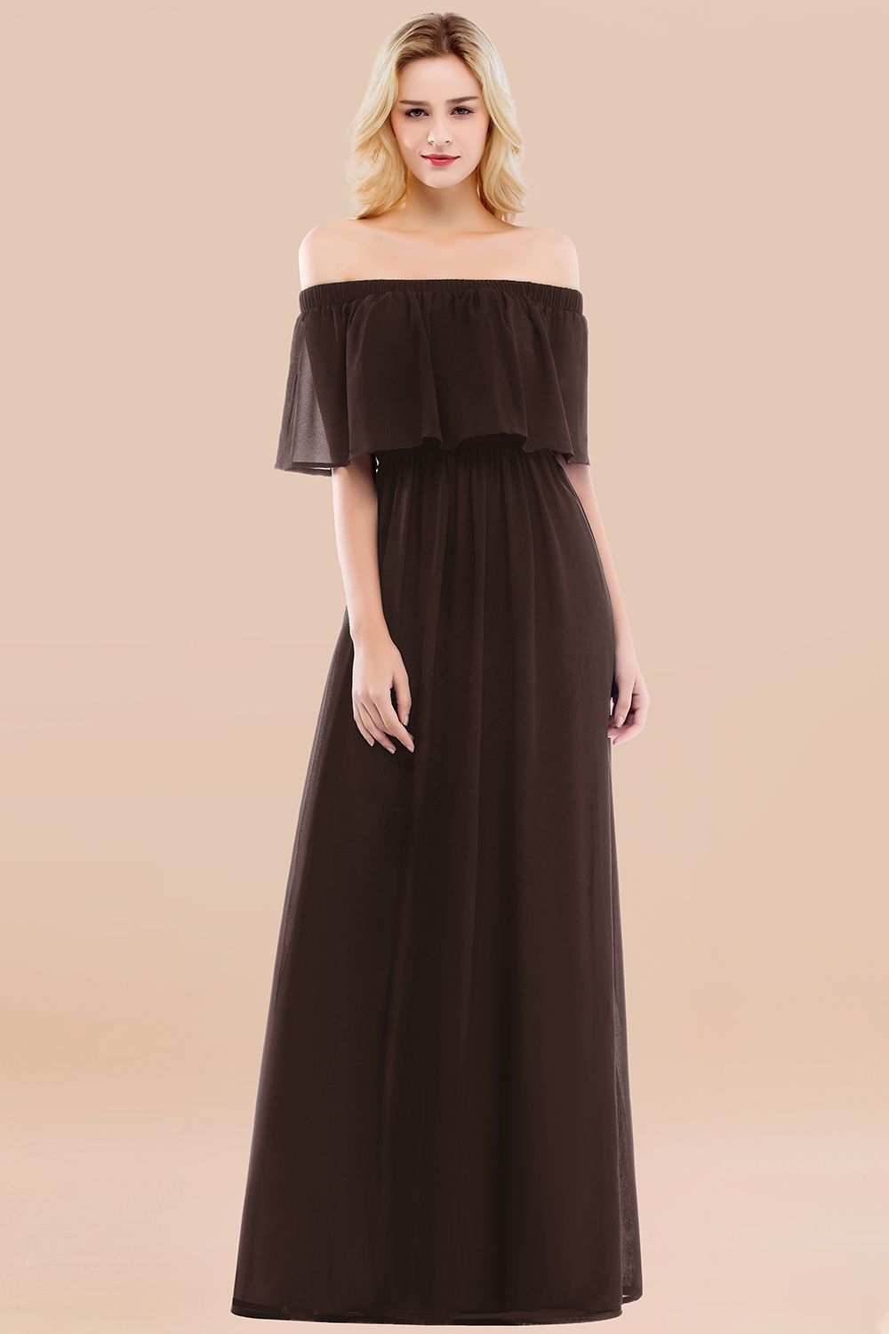 A-line Chiffon Off the Shoulder Short Sleeves Ruffles Floor Length Bridesmaid Dress