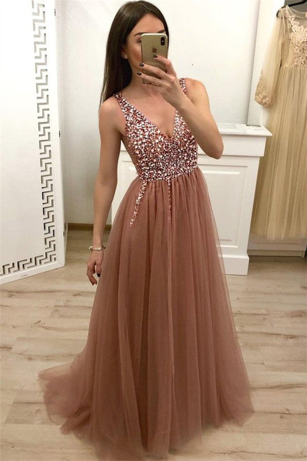 Chic Long V-neck Tulle Beaded A-line Prom Dress