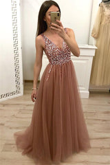Chic Long V-neck Tulle Beaded A-line Prom Dress