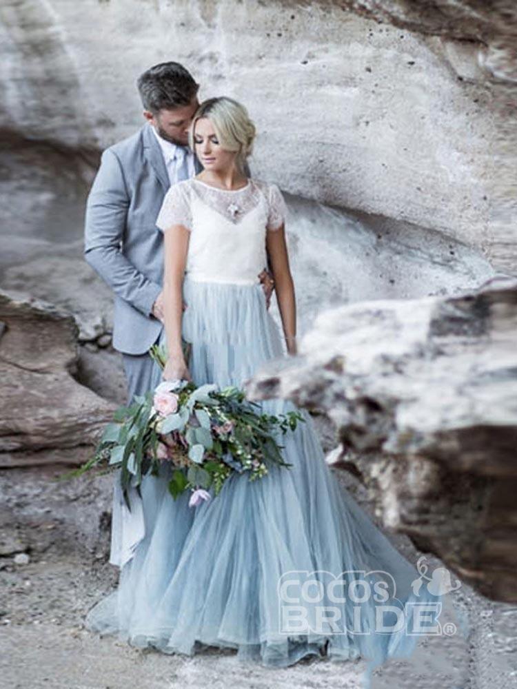 Two Piece A-line Long Sweep Train Tulle Wedding Dresses with Short Sleeves
