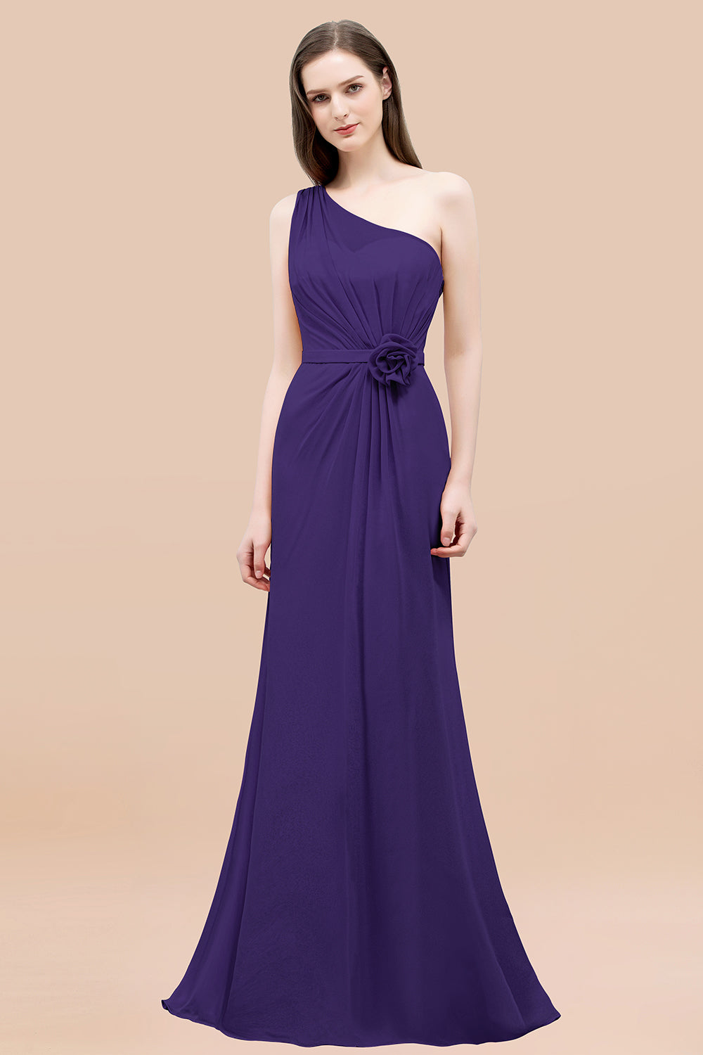 Mermaid Chiffon One Shoulder Sleeveless Ruffled Floor Length Bridesmaid Dresses with Flower
