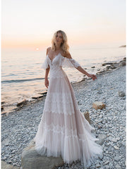 Long A-Line V Neck Lace Tulle Backless Wedding Dresses with Short Sleeve