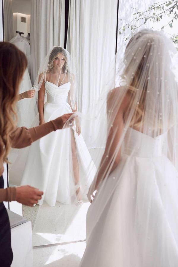 Long Sweetheart Satin A-Line Floor Length Ruffles Wedding Dress With Side Slit