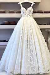 Long A-line Flower Lace Sweetheart Tulle Wedding Dress