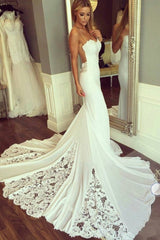 Sexy Long Mermaid Sweetheart Open Back Satin Lace Wedding Dress
