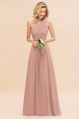 Elegant Dusty Rose A-line Chiffon Ruffles One Shoulder Long Bridesmaid Dress