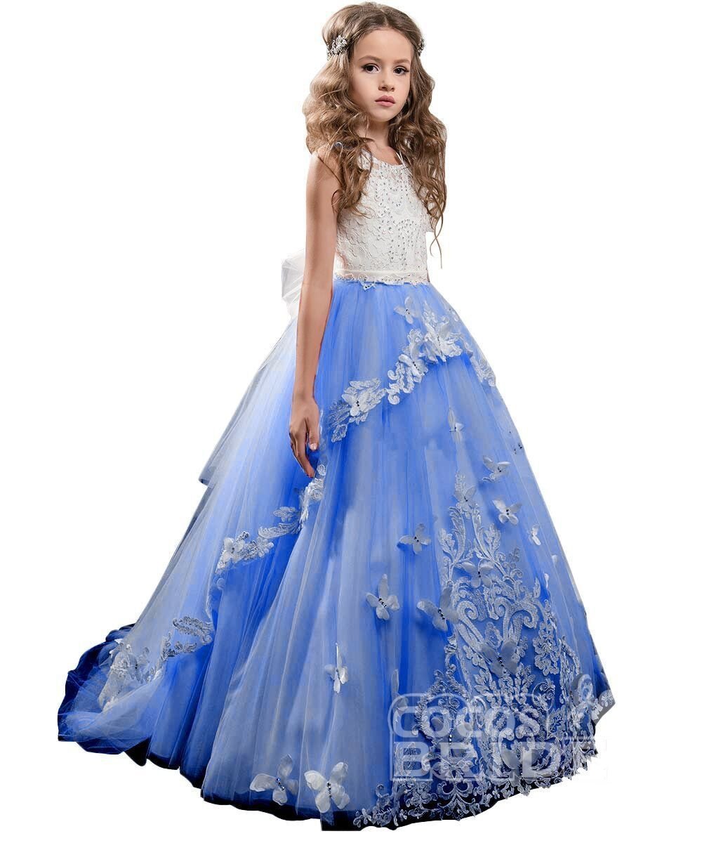 Long Tulle Lace Scoop Neck Sleeveless Ball Gown Flower Girl Dress