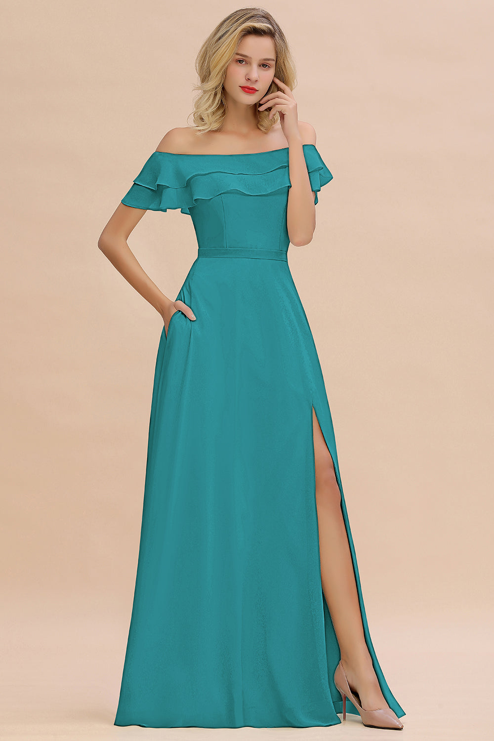 Off the Shoulder Front Slit Mint Green Long Bridesmaid Dress