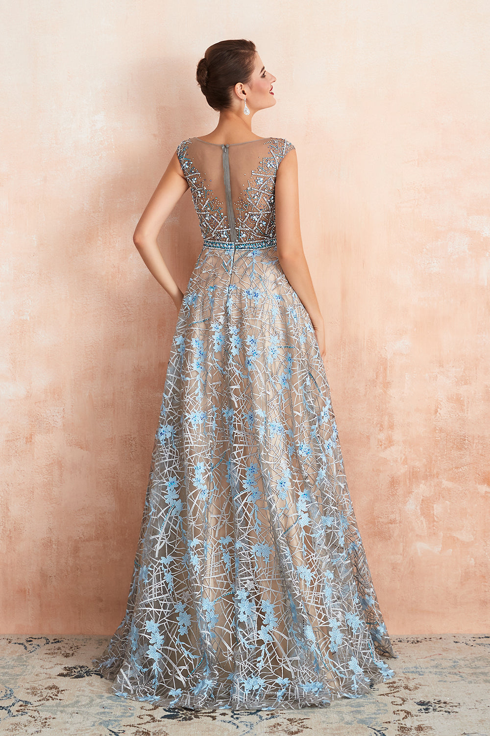 Long Jewel Lace A-line Tulle Lace Formal Evening Dress