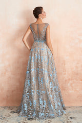 Long Jewel Lace A-line Tulle Lace Formal Evening Dress