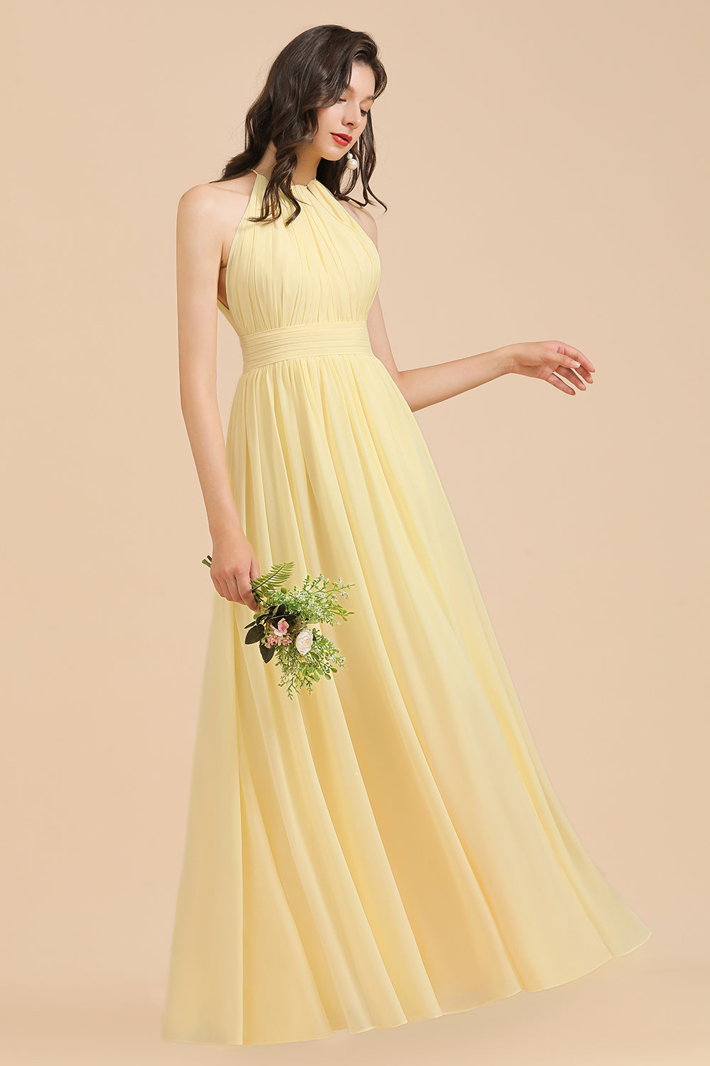 Long A-line Halter Pleated Chiffon Daffodil Bridesmaid Dress with Slit