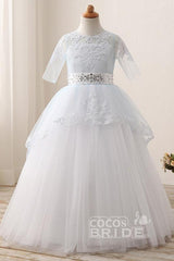 Long Scoop Neck 1/2 Sleeve Ball Gown Flower Girl Dress