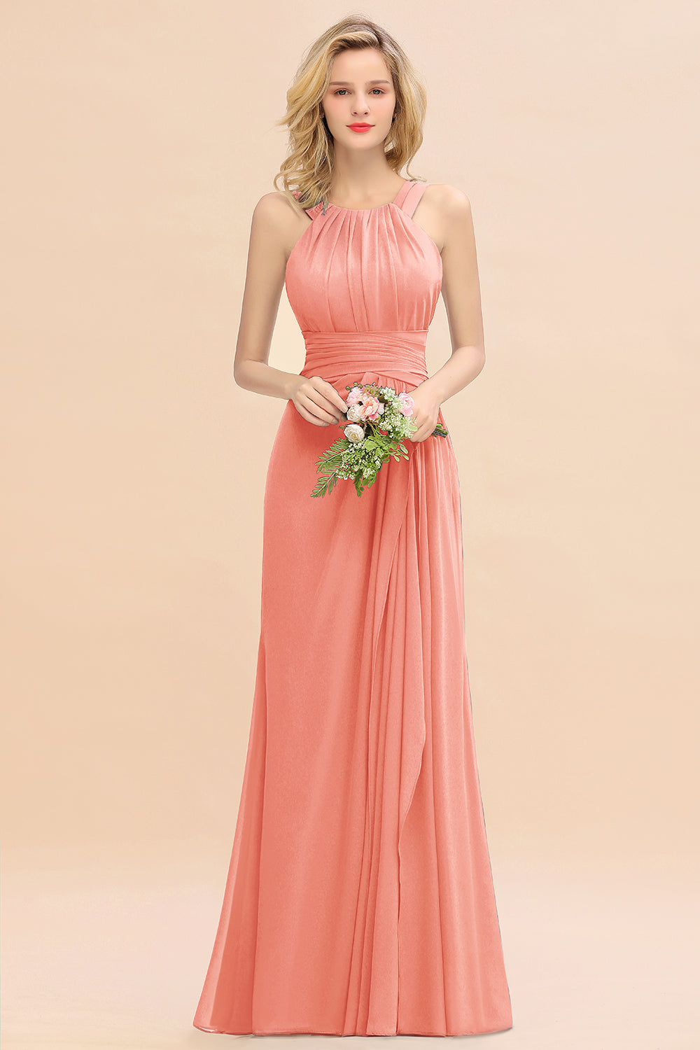 Long A-line Halter Chiffon Backless Floor Length Bridesmaid Dresses