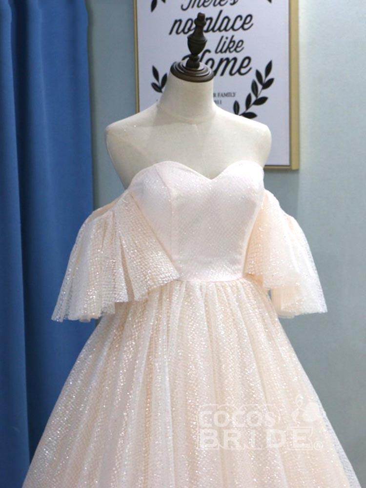 Long Off the Shoulder Half Sleeves Tulle Ball Gown Wedding Dresses