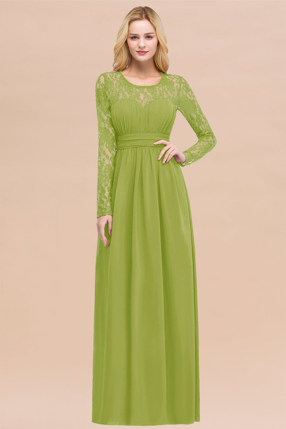 Elegant A-Line Chiffon Jewel Long Sleeves Ruffles Floor Length Bridesmaid Dresses