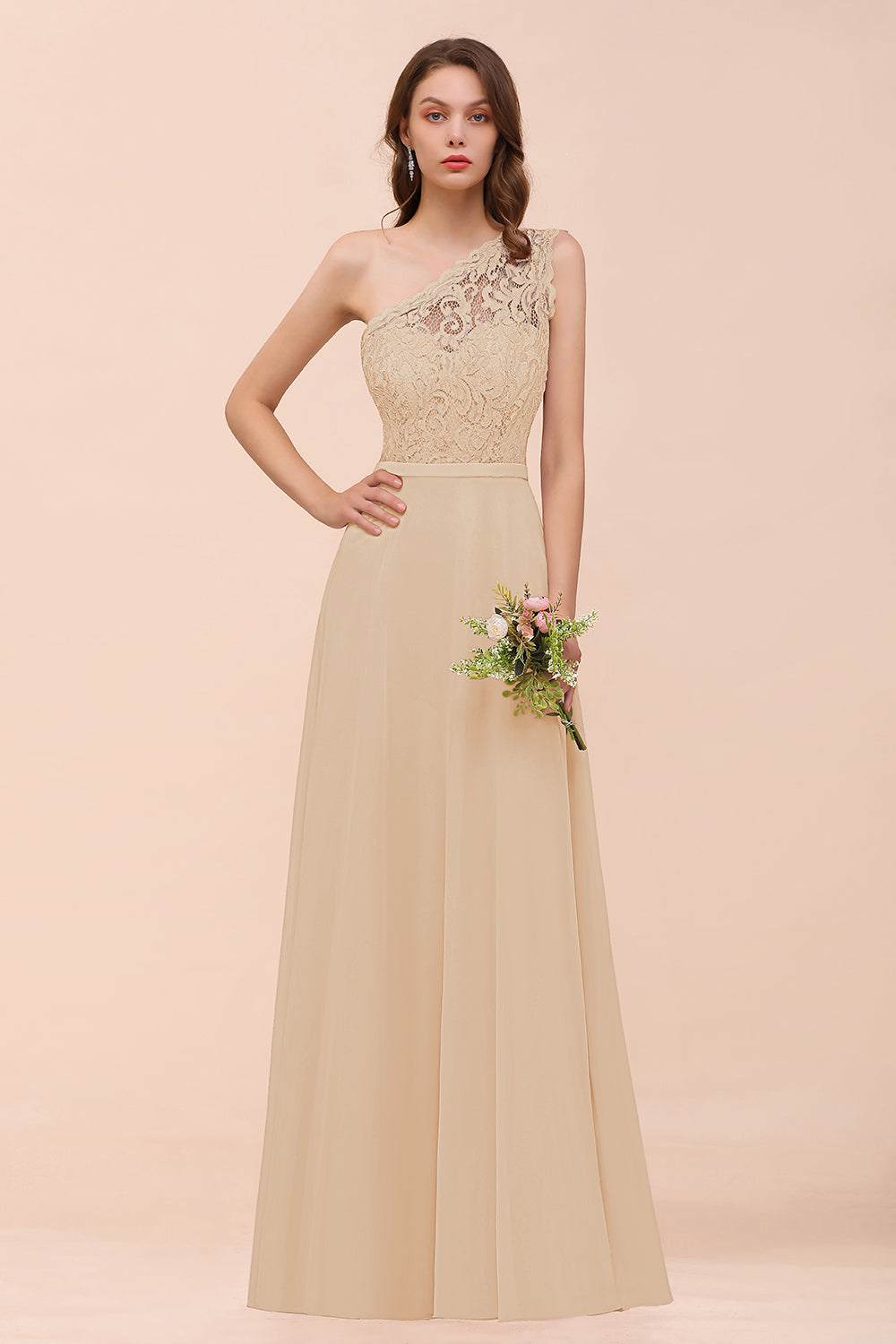 Classy One Shoulder Appliques Lace Floor Length A-Line Chiffon Bridesmaid Dress