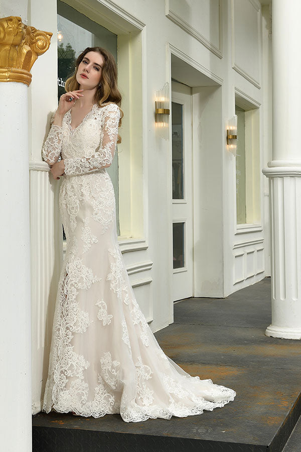 Elegant V-Neck Long Sleeve Satin Lace Mermaid Wedding Dress