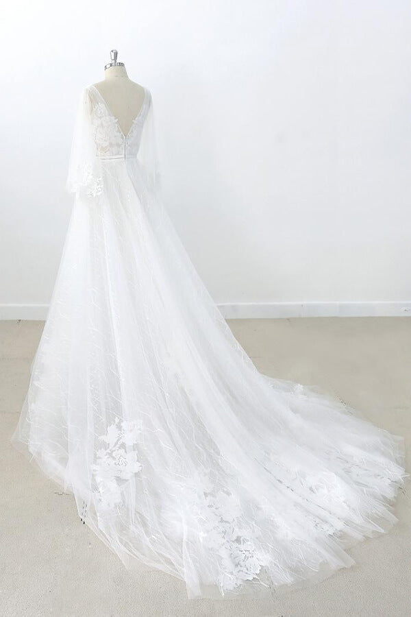 Long Sleeve A-line V-neck Appliques Tulle Wedding Dress