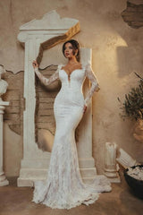 Long Sleeves Sweetheart Lace Mermaid Floor Length Wedding Dress