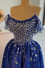 Royal Blue Long A-line Off the Shoulder Satin Formal Prom Dresses with Split Front