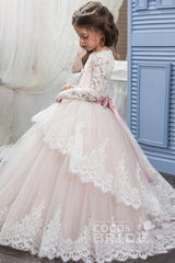 Long Scoop Neck Ball Gown Flower Girl Dress with Long Sleeves