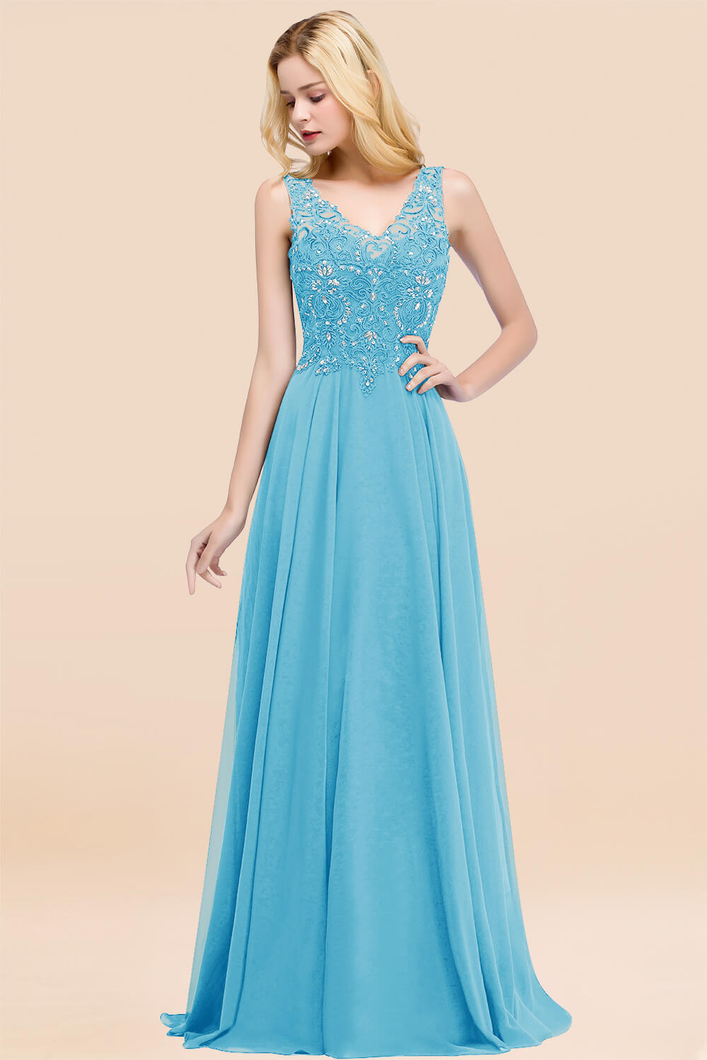 A-line Chiffon Appliques V-neck Sleeveless Floor Length Bridesmaid Dresses with Crystals