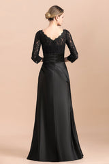 Elegant 3/4 Sleeves Black Satin Lace Ruffles Evening Dresses