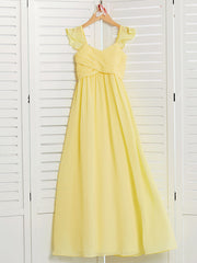 Long A-Line Square Neck Floor Length Chiffon Junior Bridesmaid Dress With Ruffles