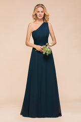 Simple One Shoulder A-line Floor Length Chiffon Bridesmaid Dress With Ruched