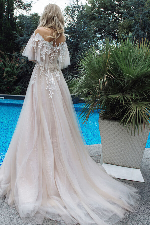 Long Tulle Appliques Off the Shoulder A-line Wedding Dress