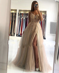 Long A-line V-neck Tulle Backless Prom Dress with Slit