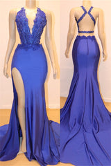 Long V-neck Mermaid Satin Open Back Prom Dresses with Side Slit