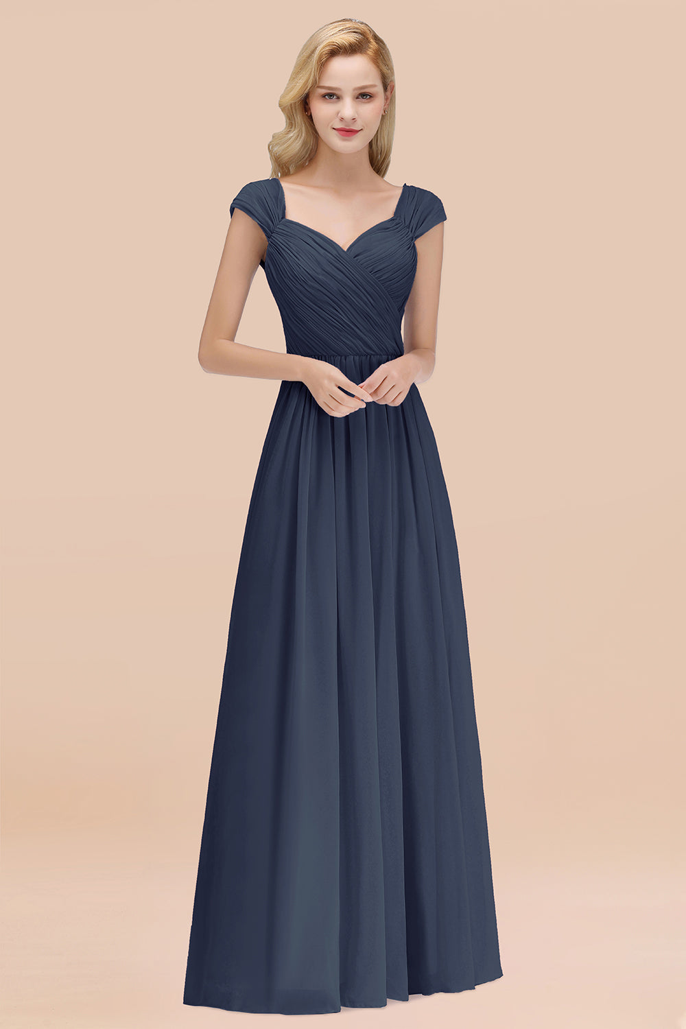 A-Line Chiffon Straps Sweetheart Sleeveless Floor Length Bridesmaid Dress with Ruffles