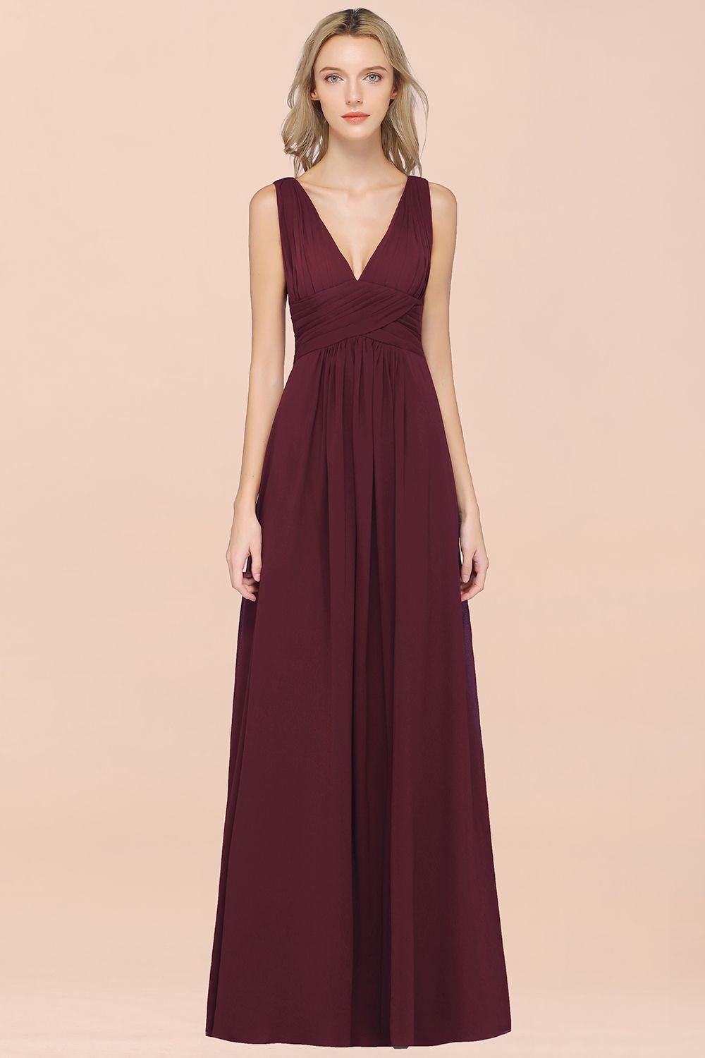 A-Line Chiffon V-Neck Sleeveless Floor Length Bridesmaid Dress with Ruffle