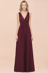 A-Line Chiffon V-Neck Sleeveless Floor Length Bridesmaid Dress with Ruffle