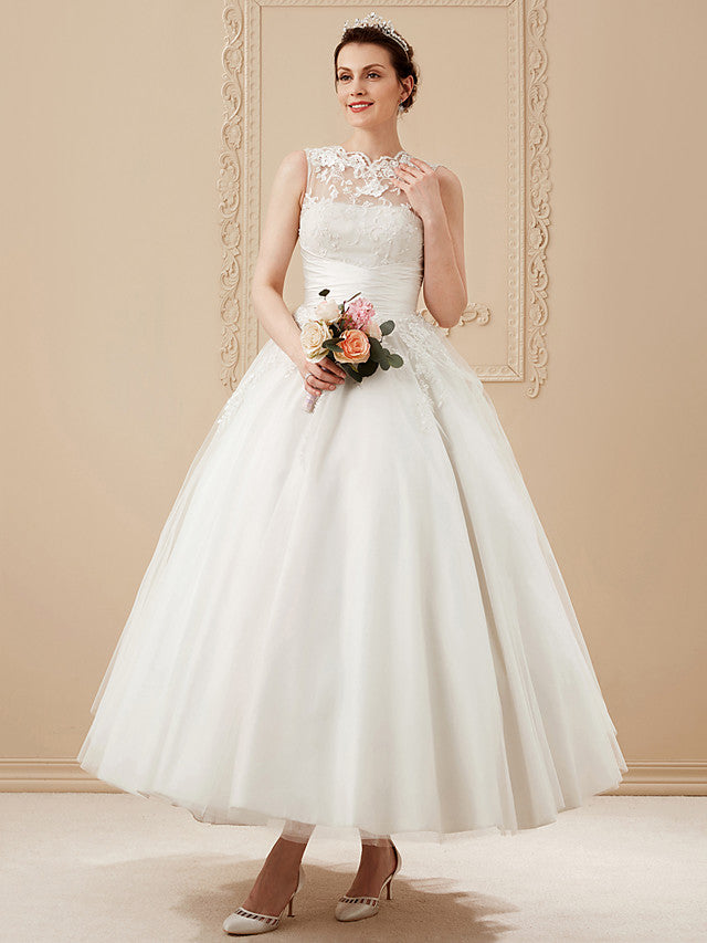 Short A-Line Satin Lace Ankle Length Vintage Wedding Dresses