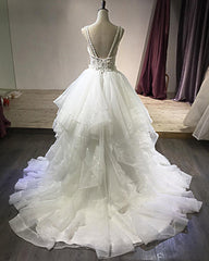 White A-line V-neck Lace Open Back Long Layered Wedding Dress