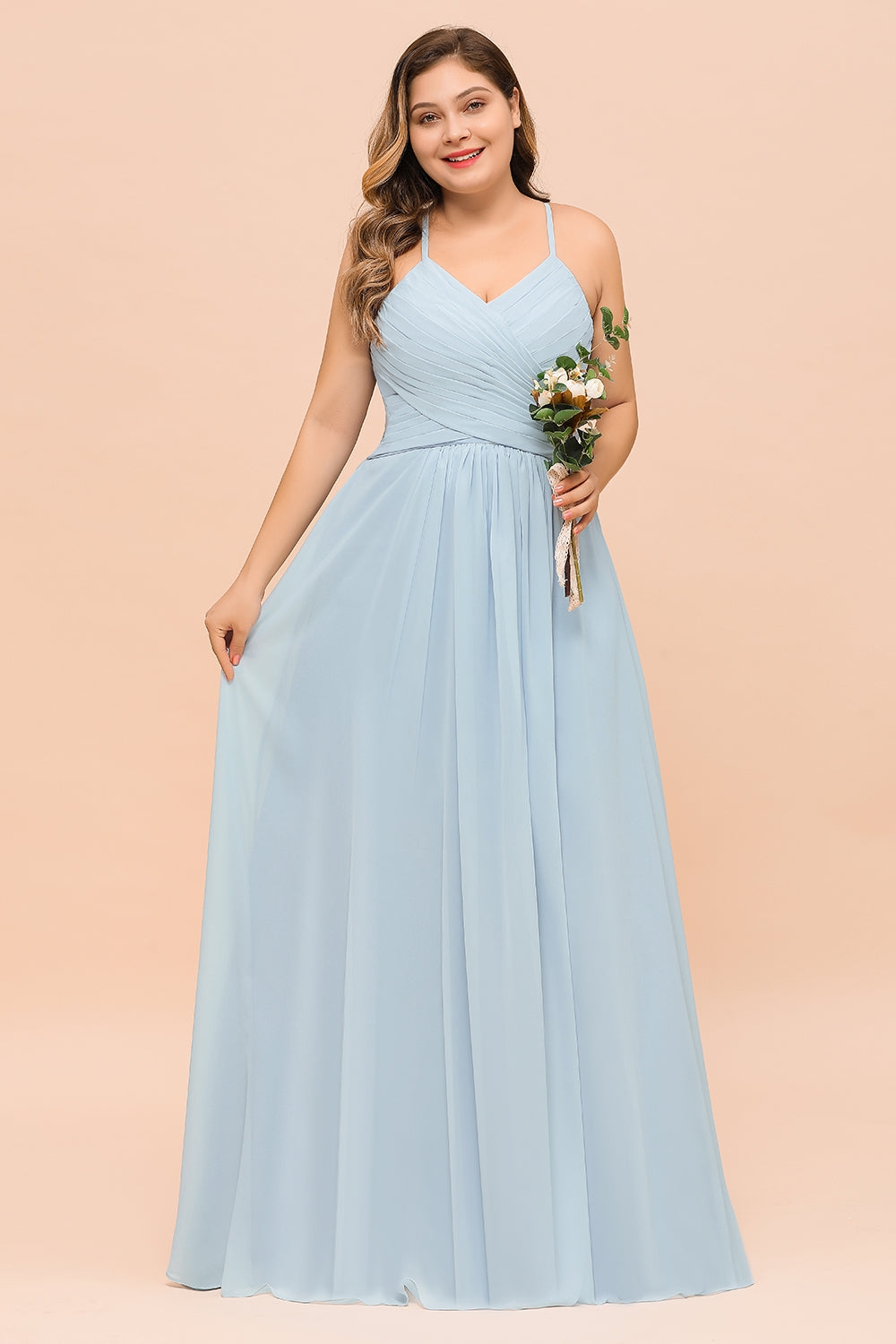 Plus Size Long A-line V-neck Spaghetti Straps Chiffon Sky Blue Bridesmaid Dresses