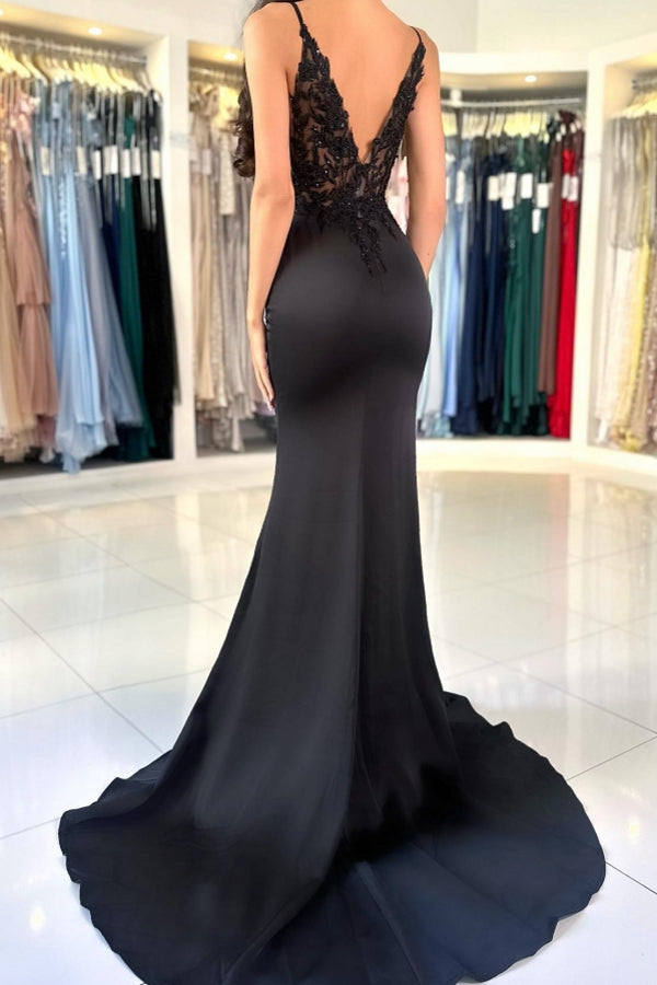 Black Long Mermaid V-neck Backless Satin Lace Formal Prom Dresses with Slit