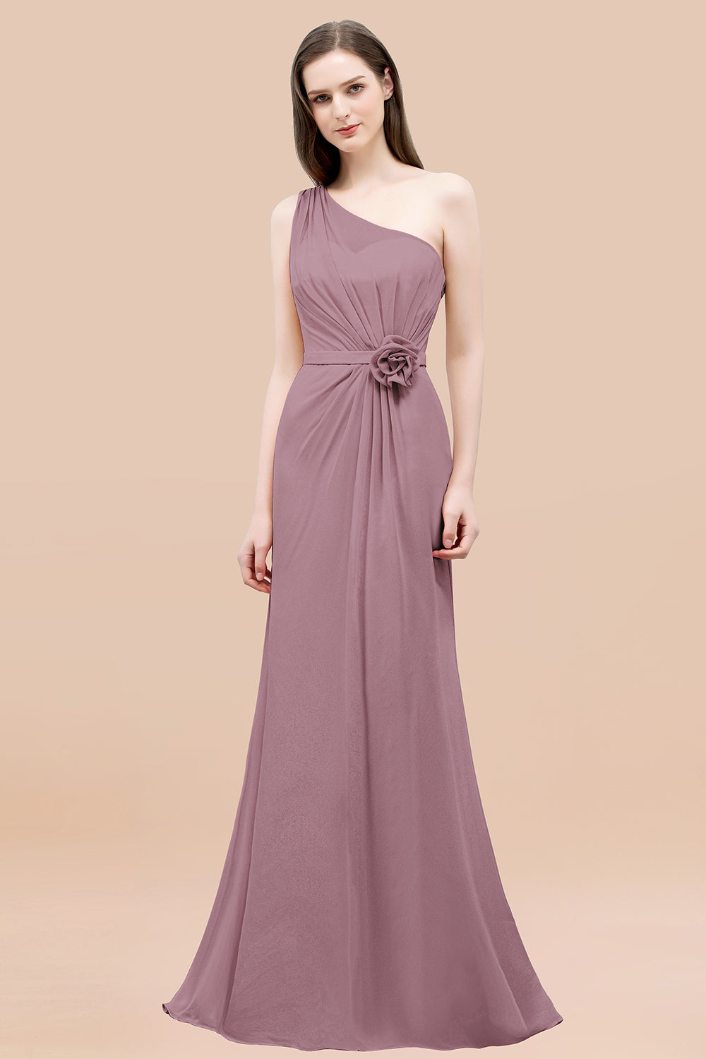 Mermaid Chiffon One Shoulder Sleeveless Ruffled Floor Length Bridesmaid Dresses with Flower