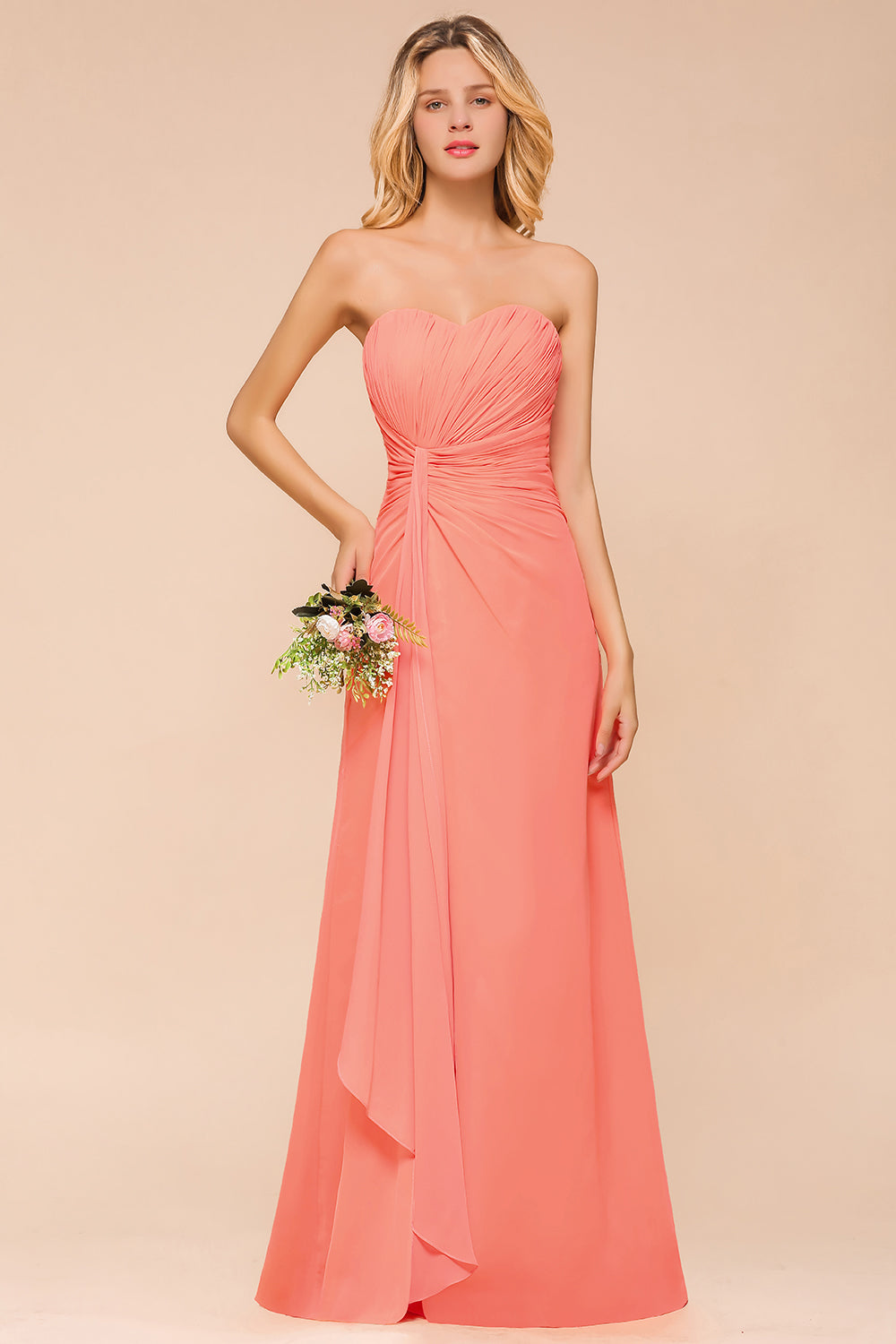 Beautiful Strapless Backless A-line Floor Length Chiffon Bridesmaid Dress With Ruched