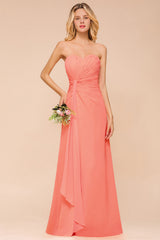 Beautiful Strapless Backless A-line Floor Length Chiffon Bridesmaid Dress With Ruched