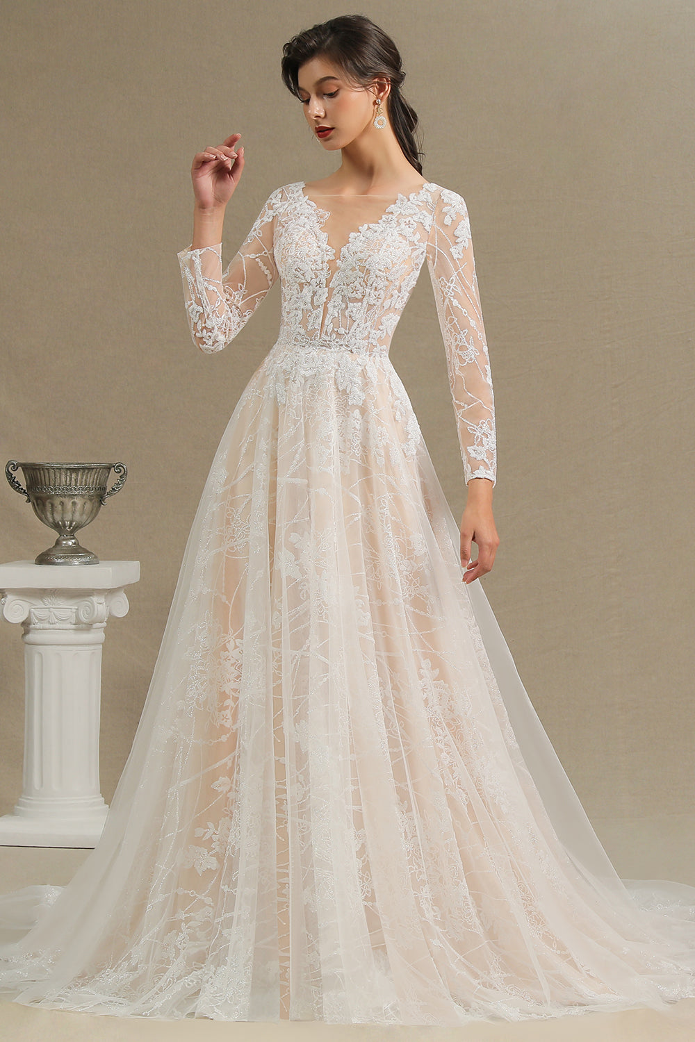 Long A-line V-neck Tulle Lace Wedding Dress with Sleeves