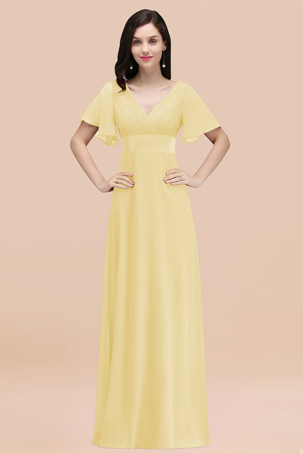 Simple A-Line Chiffon V-Neck Short Sleeves Ruffles Floor Length Bridesmaid Dresses