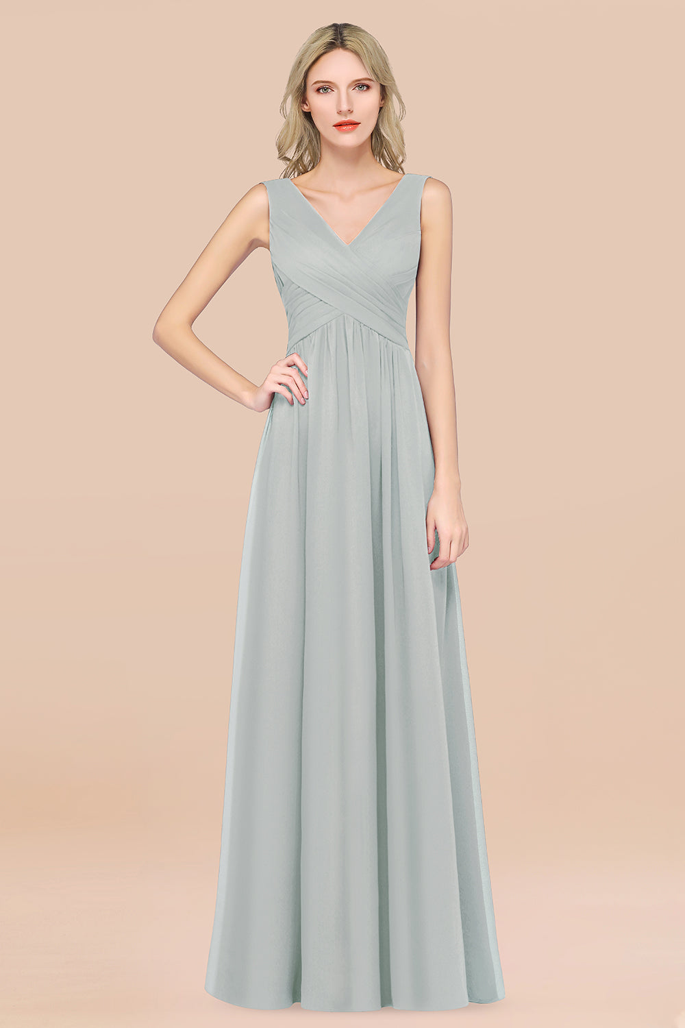 A-Line Chiffon Straps V-Neck Sleeveless Floor Length Bridesmaid Dress with Ruffles