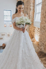 Elegant Long A-line Off the Shoulder Tulle Floral Lace Wedding Dresses