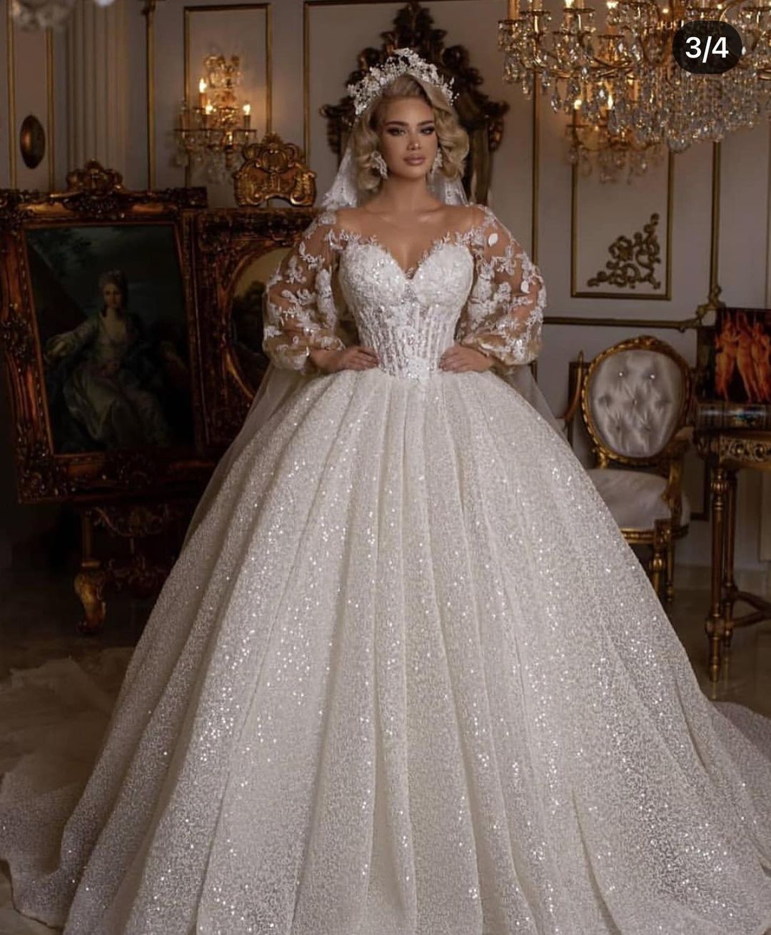 Luxury Long Ball Gown Glitter Sweetheart Wedding Dress with Puffy Sleeves