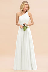 Elegant Ivory A-line Chiffon Ruffles One Shoulder Long Bridesmaid Dress