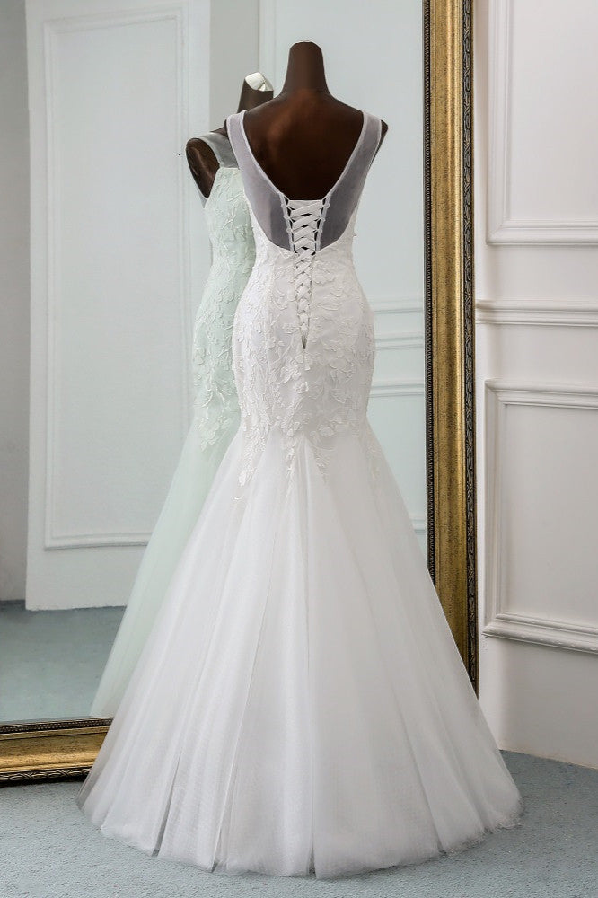 Elegant Long Mermaid Jewel Tulle Backless Wedding Dress with Lace