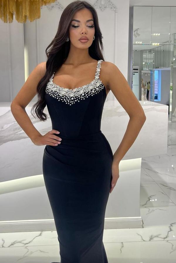 Simple Long Spaghetti Straps Mermaid Prom Dress with Beads